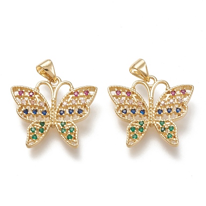 Brass Micro Pave Cubic Zirconia Pendants, Butterfly, Colorful, Real 18K Gold Plated, Clear