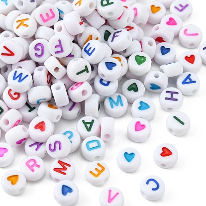 200Pcs 2 Style Opaque Acrylic Beads, Flat Round with Letter & Heart