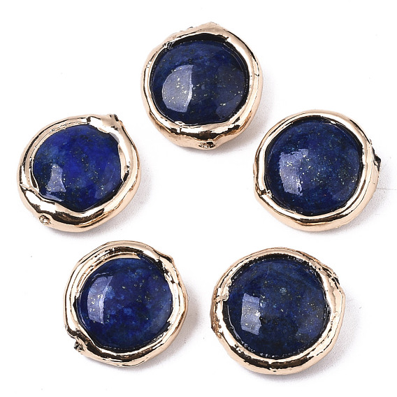 Natural Lapis Lazuli Beads, with Light Gold Plated Polymer Clay Edge, Flat Round