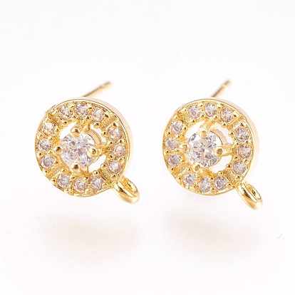 Brass Micro Pave Cubic Zirconia Stud Earring Findings, with Loop, Lead Free & Cadmium Free, Flat Round