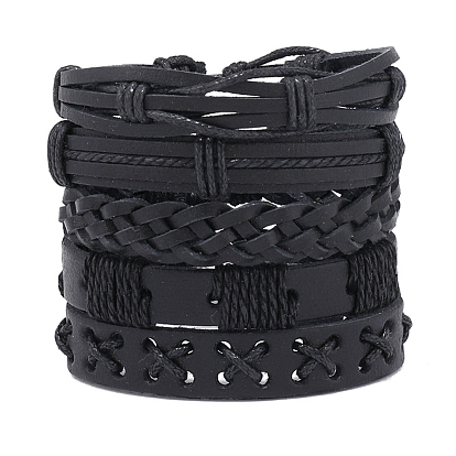 5Pcs 5 Style Adjustable Braided Imitation Leather Cord Bracelet Set with Waxed Cord for Men