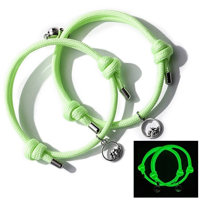 2Pcs Magnetic Round & Mountain Alloy Charms Bracelets Set, Luminous Nylon Cord Adjustable Couple Matching Bracleets for Best Friends Lovers
