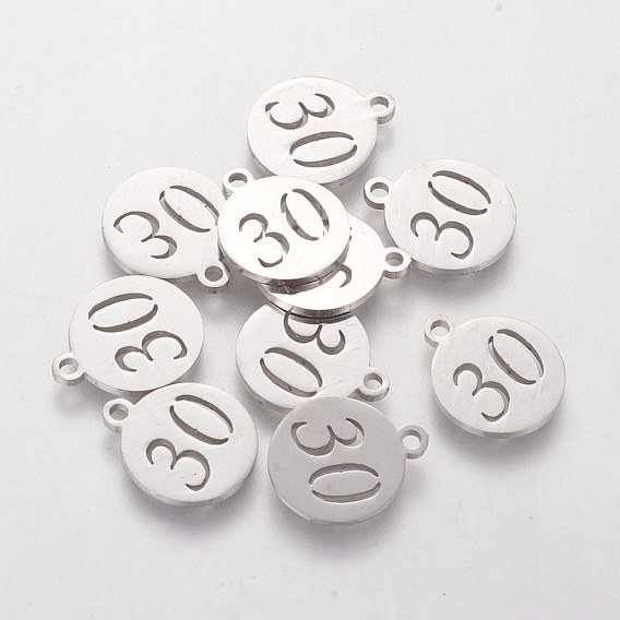 201 Stainless Steel Charms, Flat Round with Number 30