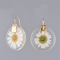 Alloy Resin Dangle Earrings, with Dried Flower and Brass Hoop Earrings, Flat Round