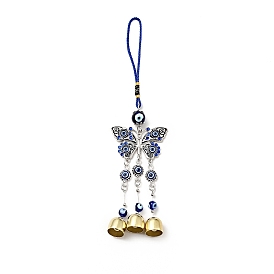 Butterfly Wind Chimes, Handmade Lampwork & Alloy Rhinestone & Resin Evil Eye Hanging Ornaments