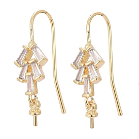 Brass Micro Pave Cubic Zirconia Earring Hooks, for Half Drilled Beads, Long-Lasting Plated, Tree, Clear