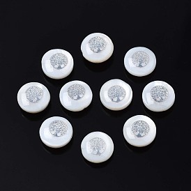 Perles de coquillages naturels d'eau douce, avec des ornements en laiton, rond et plat avec un arbre