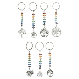 Porte-clés pendentif arbre de vie en pierre de lave naturelle chakra et alliage, avec porte-clés fendus