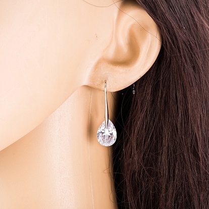 Platinum Tone Stainless Steel Dangle Earrings, with Cubic Zirconia