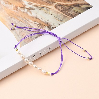 Nylon ajustable pulseras de cuentas trenzado del cordón, con cuentas de perlas de agua dulce cultivadas naturales y cuentas de latón bañadas en oro