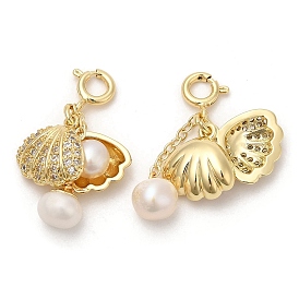 Brass Micro Pave Cubic Zirconia Shell Pendant Decorations, Natural Pearl Ornament with Brass Spring Ring Clasps