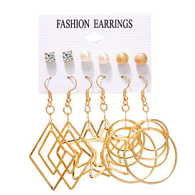 Creative Pearl Pentagram Circle Earrings Set for Women - Multiple Elements, Han Style