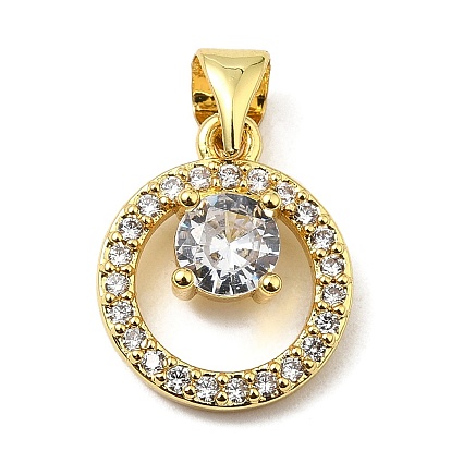 Rack Plating Brass Micro Pave Clear Cubic Zirconia Pendants, Long-Lasting Plated, Cadmium Free & Lead Free, Round Eing Charm