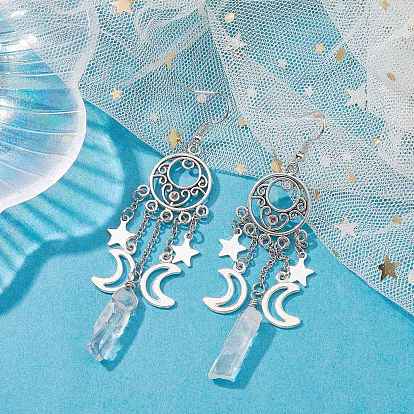 Natural Quartz Crystal Twist Rectangle Dangle Earrings, Star and Moon Alloy & 304 Stainless Steel Tassel Long Drop Earrings for Women