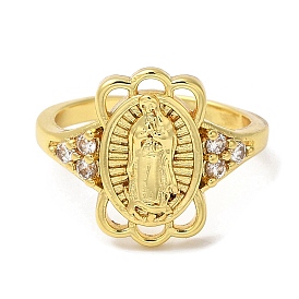 Clear Cubic Zirconia Virgin Mary Open Cuff Rings, Rack Plating Brass Jewelry, Long-Lasting Plated