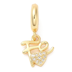 Brass Micro Pave Cubic Zirconia Pendants, Lead Free & Cadmium Free, Long-Lasting Plated, Word with Love