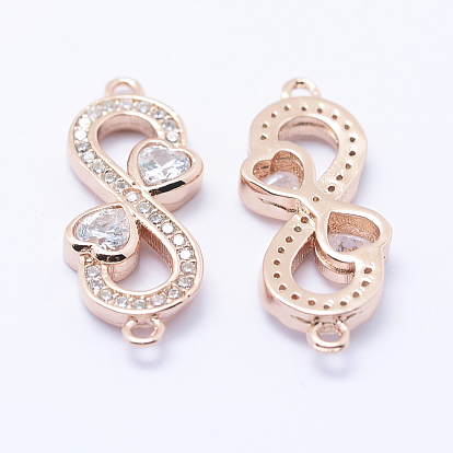 Brass Micro Pave Cubic Zirconia Links, Lead Free & Nickel Free & Cadmium Free, Infinity with Heart