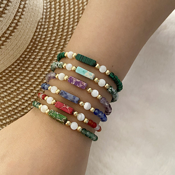 Bracelet de perles rectangulaires en pierres précieuses naturelles et synthétiques mélangées pour femme