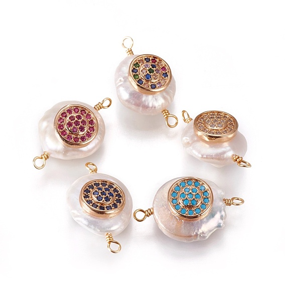 Connecteurs de liens de perles naturelles, avec les accessoires de zircone et en laiton cubes, plat rond