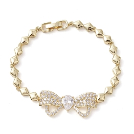Brass Bowknot Link Bracelets, with Clear Cubic Zirconia, Long-Lasting Plated, Lead Free & Cadmium Free