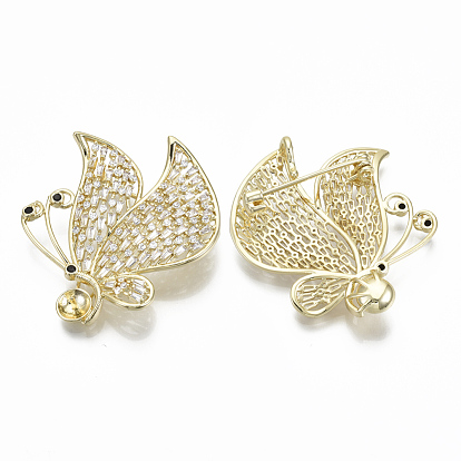 Brass Micro Pave Cubic Zirconia Brooch Findings, For Half Drilled Beads, Butterfly, Nickel Free