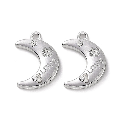 Alloy Crystal Rhinestone Pendants, Moon with Clover & Star & Word Love Pattern Charms