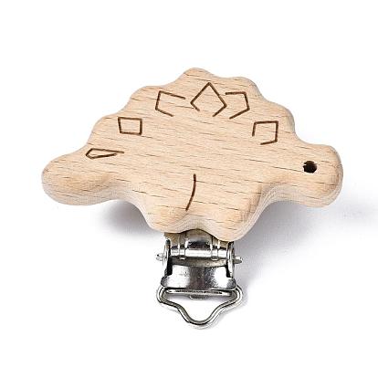 Clips porte-sucette bébé en bois de hêtre, avec des clips de fer, dinosaure, platine