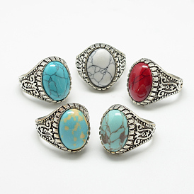 Synthetic Turquoise Wide Band Finger Rings, with Alloy Ring Findings, Antique Silver, Oval, Size 7~11