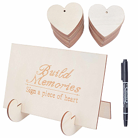 CRASPIRE 1 Set Wooden Wedding Guest Book Alternative, with 3Pcs Plastic Double-end Marker Pen and 100Pcs Heart Unfinished Wood Pendant Decorations