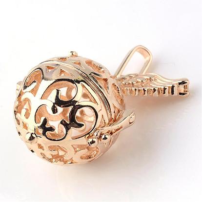 Rack Plating Brass Cage Pendants, For Chime Ball Pendant Necklaces Making, Hollow Round with Wing