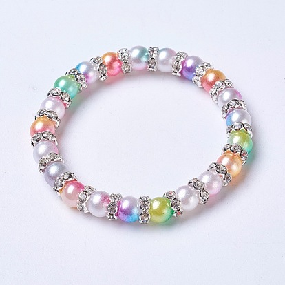 Acrylic Imitation Pearl Stretch Bracelets, with Brass Rhinestone Spacer Beads, Round