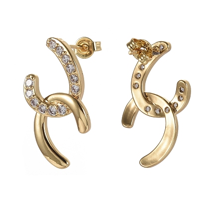 Brass Micro Pave Clear Cubic Zirconia Dangle Stud Earrings, with Ear Nuts, Horse Shoes