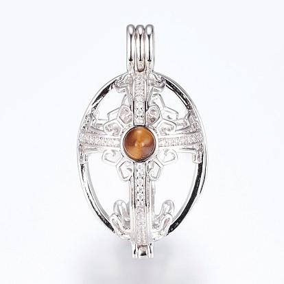 Laiton micro pave pendentifs de médaillon en zircone cubique, pendentifs cage, avec la pierre gemme, ovale