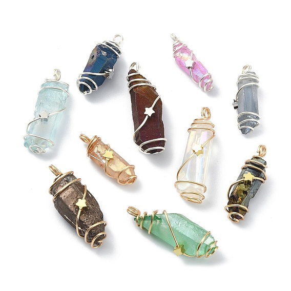 Galvanizadas colgantes de cristal de cuarzo natural, encantos de pepitas envueltas en alambre de cobre, color mezclado