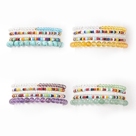 Faceted Glass & Gemstone Stretch Beaded Bracelets Sets, Bohemia Seed Beads Bracelets for Women