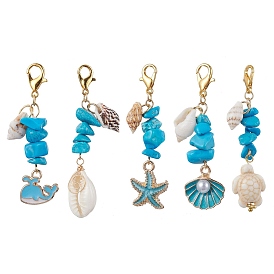 5Pcs 5 Styles Alloy Enamel & Shell Pendant Decoraiton, Synthetic Turquoise Chip Beads and Alloy Lobster Claw Clasps Charm, Mixed Shapes