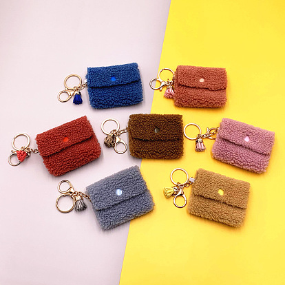 Joli porte-monnaie porte-clés en peluche, porte-monnaie en polaire pelletée avec pompon et porte-clés, porte-monnaie pour cartes d'identité et clés de voiture