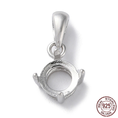 Rhodium Plated Rack Plating 925 Sterling Silver Pendants Cabochon Settings, 4-Prong Bezel Setting, Flat Round, with 925 Stamp