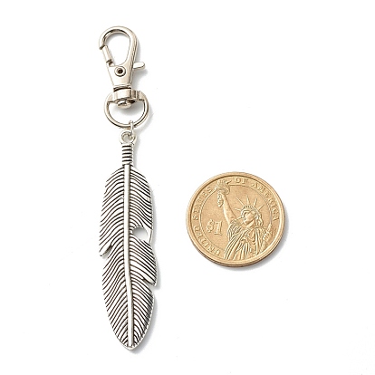 Leaf/Feather Tibetan Style Alloy Keychain, with Swivel Lobster Claw Clasps and Iron Open Jump Rings