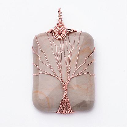 Gemstone grands pendentifs, avec les accessoires en laiton de ton or rose, rectangle avec arbre de vie