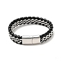Leather & 304 Stainless Steel Braided Curb Chains Cord Bracelet with Magnetic Clasp for Men Women