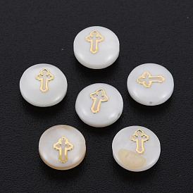 Natural Freshwater Shell Beads, with Golden Plated Brass Metal Embellishments, Flat Round with Cross
