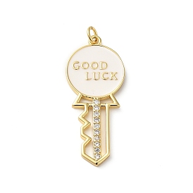 Rack Plating Brass Pave Cubic Zirconia Enamel Pendants, with Jump Ring, Lead Free & Cadmium Free, Real 18K Gold Plated, Long-Lasting Plated, Key with Word Good Luck Charm