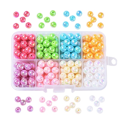 8 placage de couleur perles acryliques de poly styrène respectueuses de l'environnement, , ronde, avec 8 compartiments bac à billes en plastique