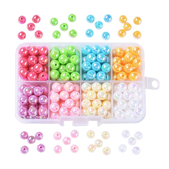 8 placage de couleur perles acryliques de poly styrène respectueuses de l'environnement, , ronde, avec 8 compartiments bac à billes en plastique