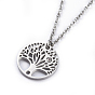 Stainless Steel Pendants Necklaces, with Cubic Zirconia, Flat Round with Tree of Life