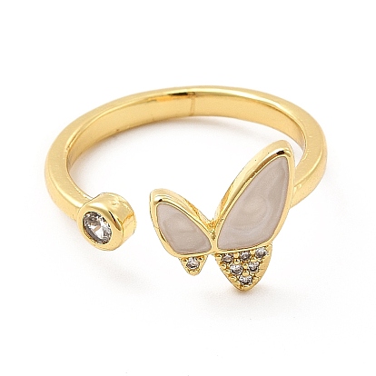 Mariposa de circonita cúbica transparente con anillo de puño abierto de esmalte, joyas de latón para mujer