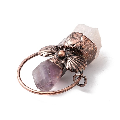 Natural Quartz Crystal Big Pendants, with Natural Amethyst and Red Copper Tone Brass Findings, Flower Bullet Shapes, Cadmium Free & Lead Free