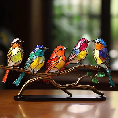 Stained Acrylic Birds Desktop Ornaments, Double-Sided Metal Bird Sculpture for Home Office