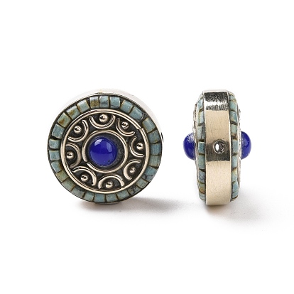 Handmade Tibetan Style Beads, with Brass Findings and Synthetic Turquoise, Flat Round, Antique Silver